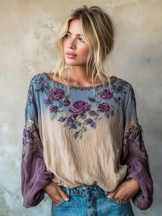 Boho Romantic Floral Embroidery Gradient Women's Linen Loose Shirt artswardrobe