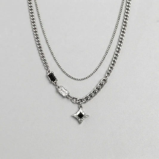 Double Layer Crystal Baguette & Star Charm Necklace