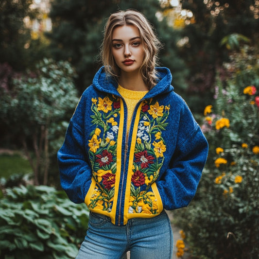 Comstylish Ukrainian Ethnic Style Flowers Embroidery Zip-up Hoodie