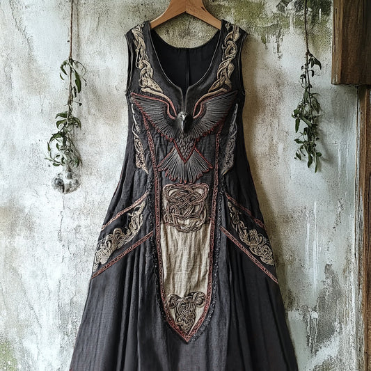 Vintage Viking Tribal Raven Graphics Art Linen Tank Dress artswardrobe