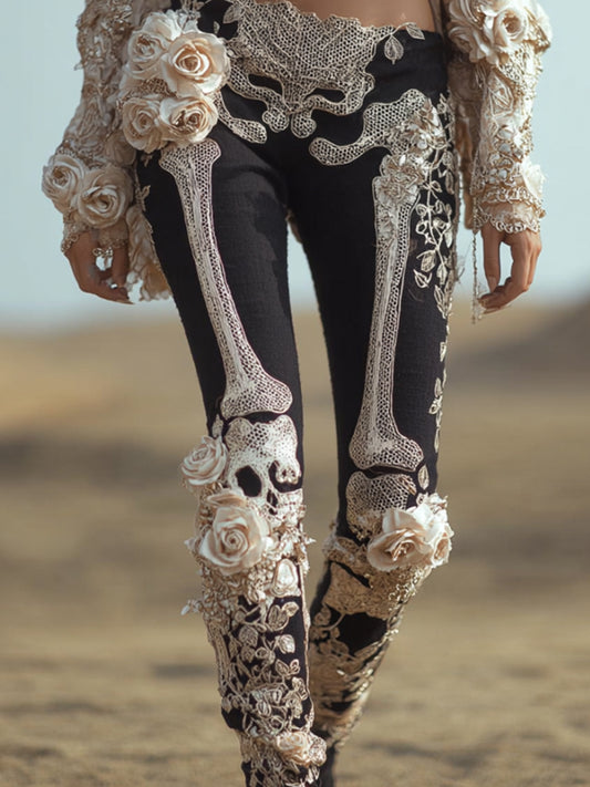 Comstylish Women's Halloween Skeleton Skeleton And Light Rose Slimming Pants