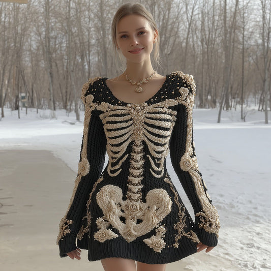 Women's Halloween Skeleton Anatomy Art Crew Neck Knit Maxi Dress artswardrobe