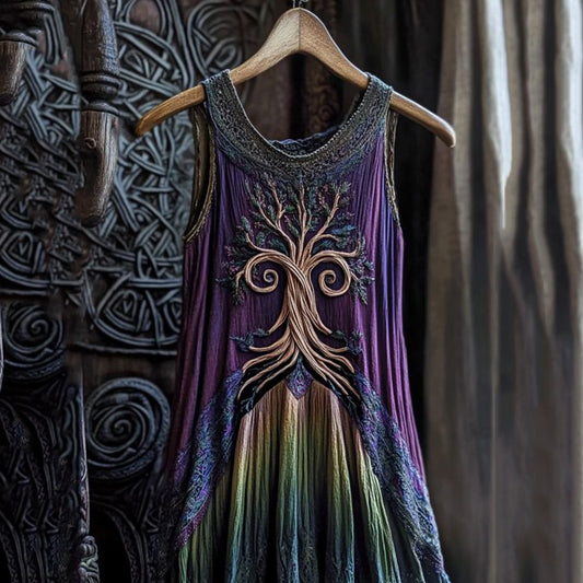 Vintage Viking Celtic Tree Gradient Linen Comfy Midi Dress artswardrobe