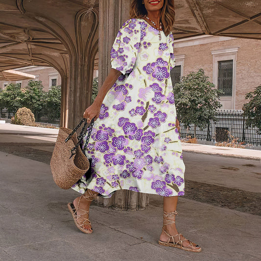 Comstylish Vintage Purple Floral Japanese Art And Spring Midi Dress