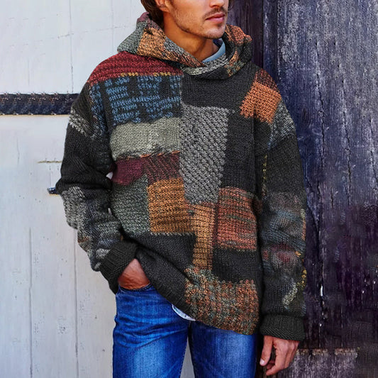 Vintage Patchwork Men's Cozy Hooded Sweater artswardrobe