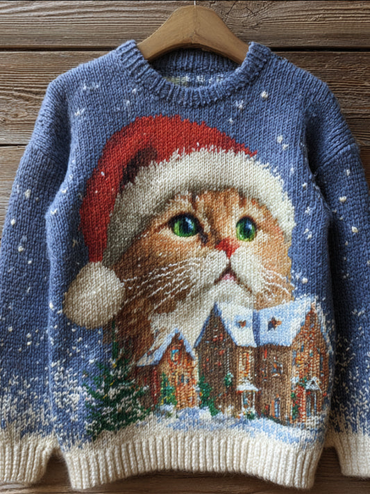 Christmas Cat House Round Neck Sweater artswardrobe
