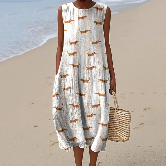 Comstylish Women's Retro Dachshund Art Print Sleeveless Dress