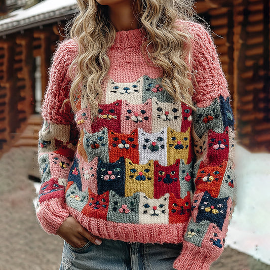 Comstylish Colorful Winter Cats Pattern Art Cozy Knit Sweater