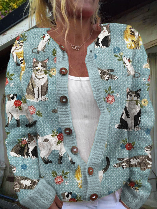 Vintage Polka Dot Cat Floral Women's Soft Sweater Cardigan elevenforest