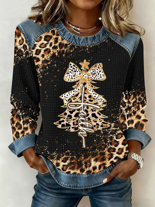 Comstylish Women's Faith Christmas Print Patchwork Crew Neck Sweatshirt