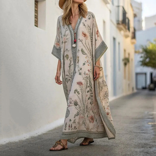 Comstylish Long Sleeve Kaftan Linen Vacation Maxi Dress