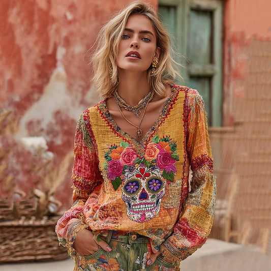 Comstylish Women's Classic Mexican Sugar Skeleton Catrina Day Of The Dead Inspired Painting Embroidered Casual Linen V Neck Long Sleeve T-shirt