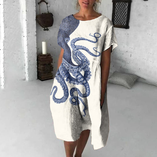 Comstylish Japanese Art Octopus Print Crew Neck Loose Midi Dress