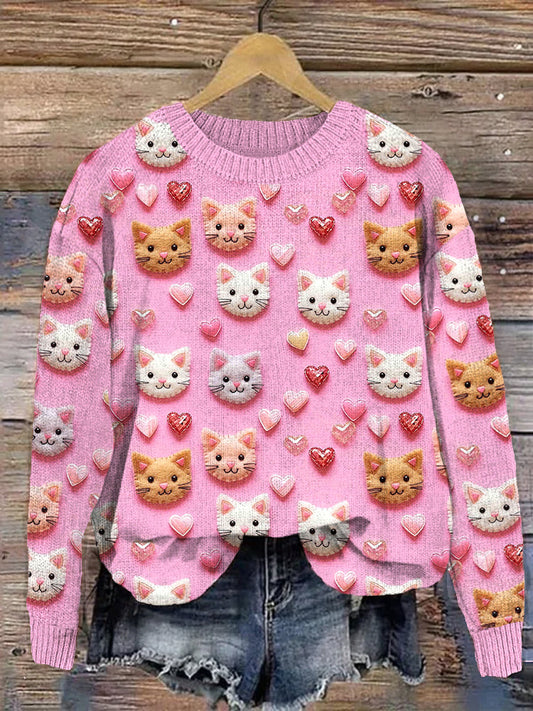 Valentine Hearts and Cats Print Casual Cozy Knit Sweater elevenforest