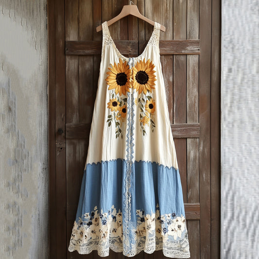 Women's Retro Sunflower Lace Embroidered Art Tank Dress artswardrobe