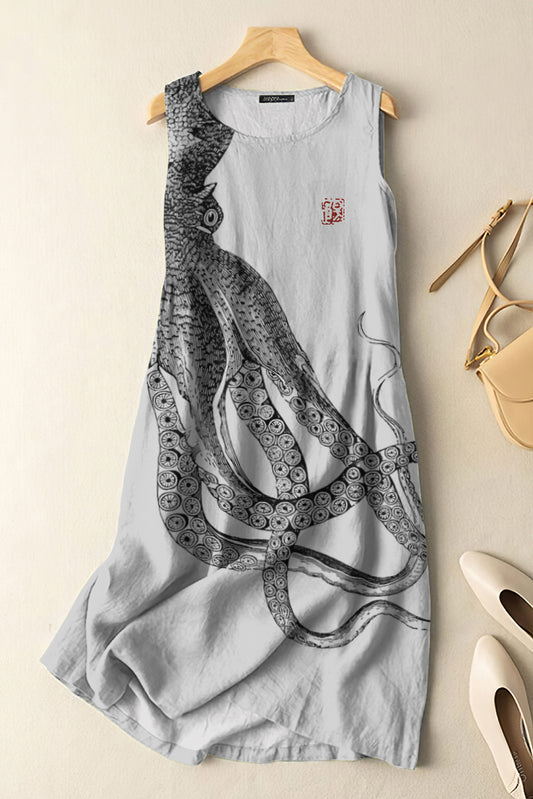 Comstylish Vintage Japanese Art Octopus Print Sleeveless Cotton And Linen Midi Dress