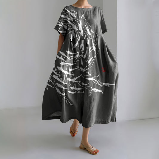 Comstylish Japanese Art Vintage Sea World Flock Of Fish Print Casual Art Linen Blend Maxi Dress