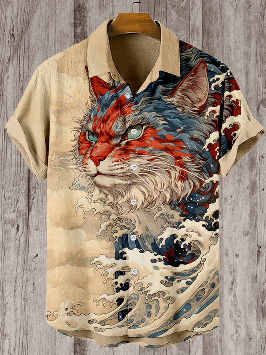 Japanese Great Wave Inspired Mysterious Cat Cozy Linen Blend Shirt elevenforest