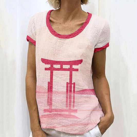 Comstylish Pink Japanese Torii Art Pattern Vintage Linen T Shirt