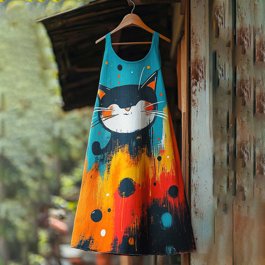 Women's Pop Art Oil Painting Cute Cat Cotton Linen Dress elevenforest