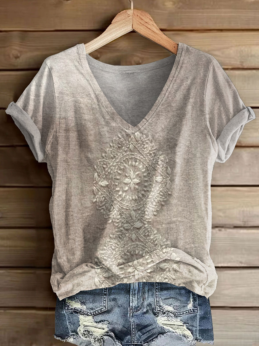 Women's Bohemian Floral Art Print V-neck Casual T-Shirt