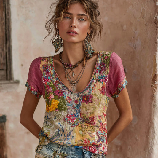 Women's Bohemian Floral Embroidery Patchwork Art Round Neck Short Sleeve Linen Blend T-shirt artswardrobe