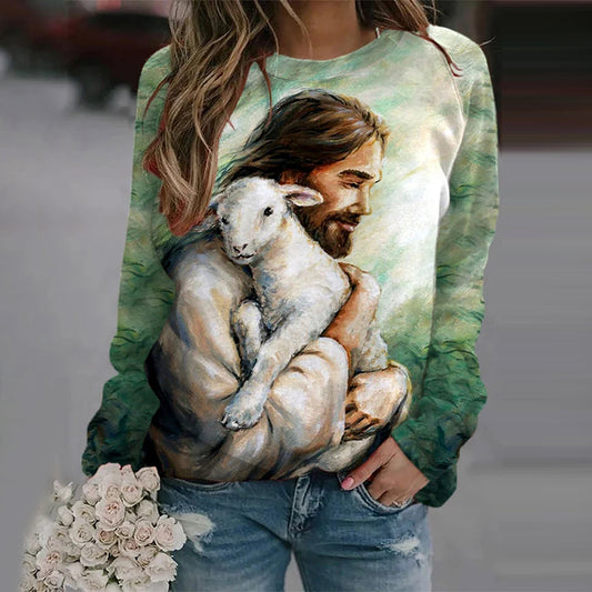 Women's Jesus Leaves The 99, Parable of The Lost Sheep Printed Sweatshirt artswardrobe