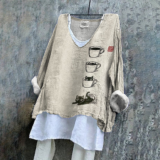 Women's Cat Coffee Cup Japanese Art Painting Print V-Neck Blouse elevenforest