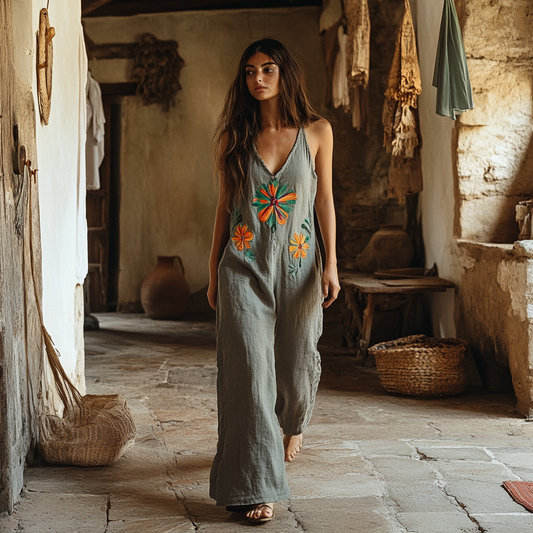 Vintage Floral Embroidered Pattern Art Linen Blend Loose Casual Jumpsuit artswardrobe