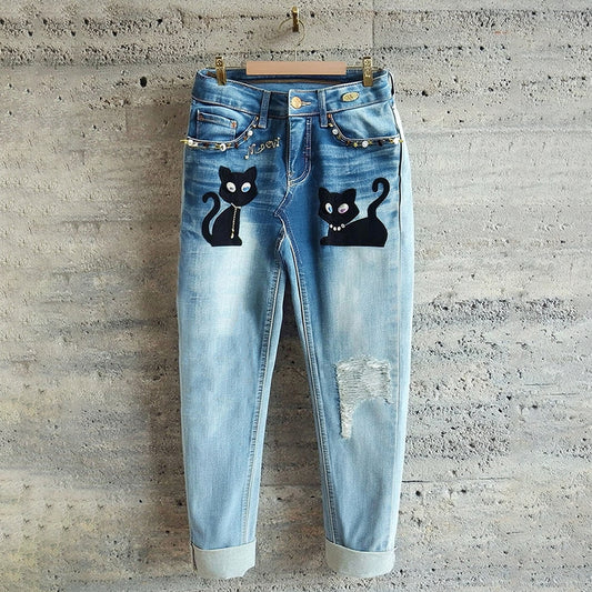 Comstylish Casual Cute Black Cat Diamond Eyes Jeans