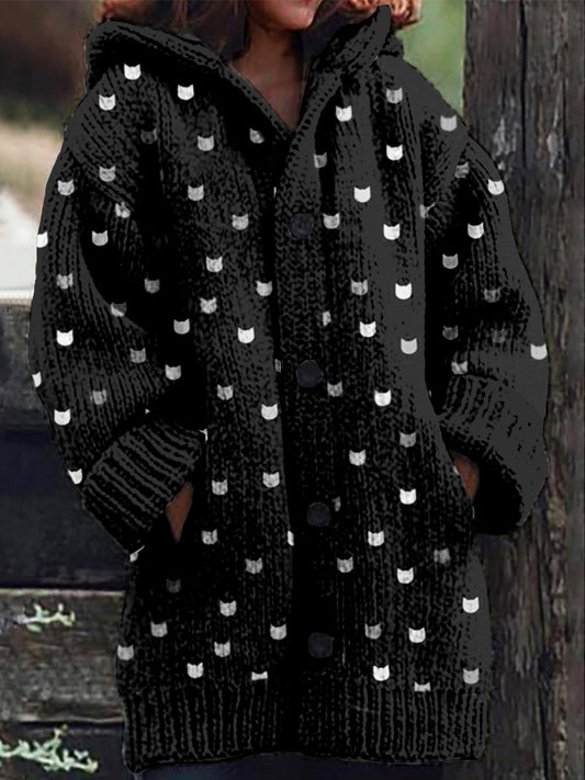 Comstylish Cute Little Kitty Pattern Cozy Hooded Knit Cardigan