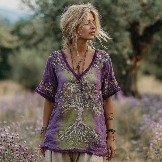 Vintage Tree Of Life Purple Floral Gradient T-shirt artswardrobe