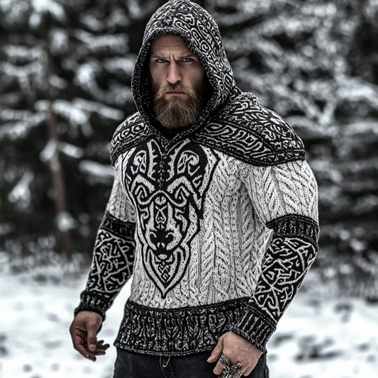 Men's Viking Warrior Knit Knit Jacquard Warm Hooded Sweater elevenforest