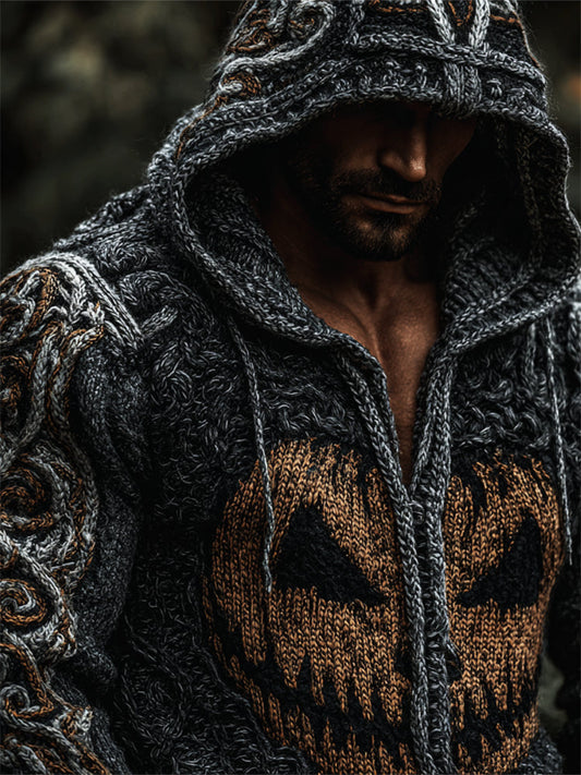 Men's Halloween Pumpkin Vintage Celtic Cozy Chunky Full Zip Hooded Sweater elevenforest