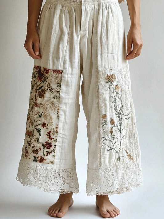 Lace Floral Embroidery Patchwork Women's Linen Pants artswardrobe