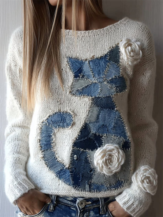 Comstylish Cat Denim Patchwork White Roses Cozy Knit Sweater