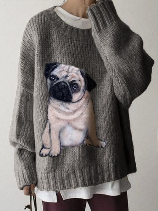 Comstylish Lovely Pug Dog Wool Art Cozy Knit Sweater