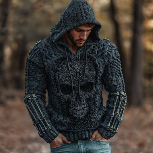 Men's Vintage Viking Style Crochet Skull Black Sweater elevenforest