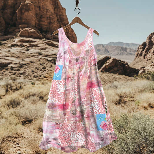 Vintage Floral Leopard Patchwork Art Linen Blend Tank Dress artswardrobe