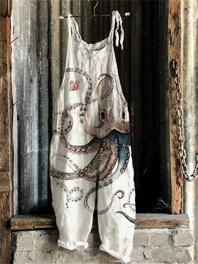 Comstylish Colorful Octopus Watercolor Linen Blend Jumpsuit