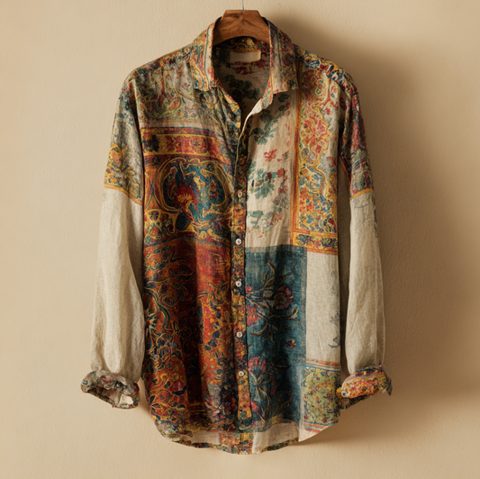 Western Style Bohemian Plant Flower Pattern Color Block Patchwork Retro Cotton And Linen Men's Shirt artswardrobe