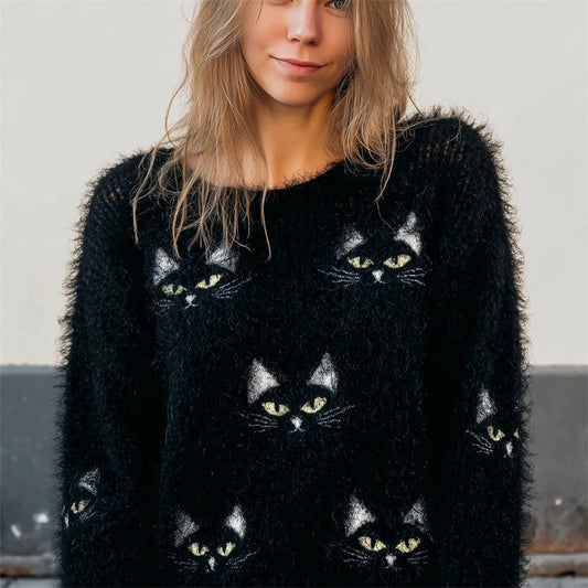 Lovely Black Cat Faces Fuzzy Cozy Knit Sweater elevenforest