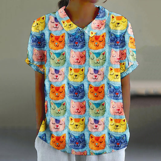 Women's Pop Art Embroidered Cat Print Shirt elevenforest
