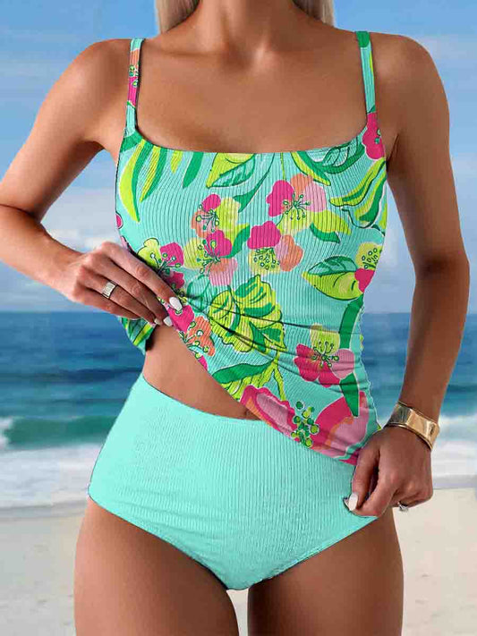 Women's Abstract Print Belly-Controlled Tank Top Strapless Solid Color Bikini High Waist Shorts Two-Piece Swimsuit Set
