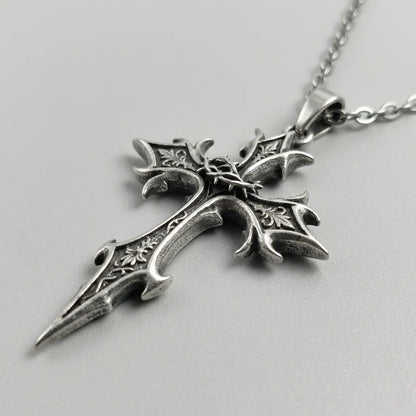 Spiked Floral Gothic Cross Pendant Necklace