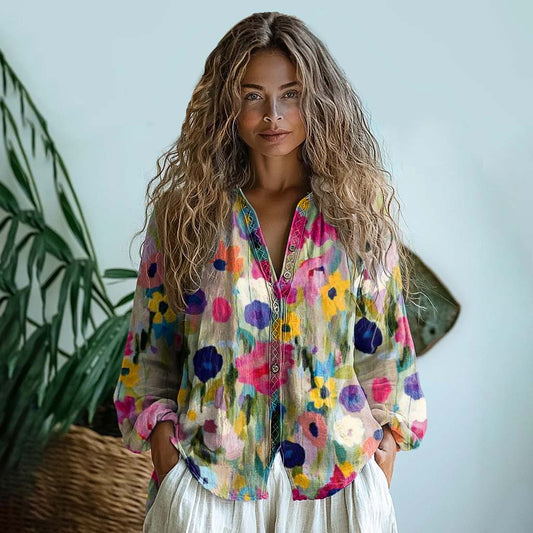 Vintage Colorful Floral Art Cotton Linen Casual Shirt artswardrobe