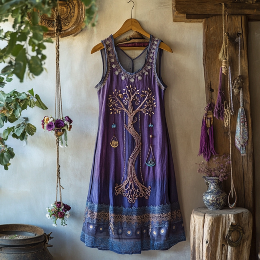 Vintage Viking Tribal Celtic Knot Life Of Tree Lace Patchwork Art Linen Tank Dress artswardrobe