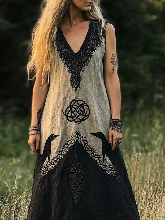 Mystical Viking Raven Embroidered Contrast Linen Dress artswardrobe