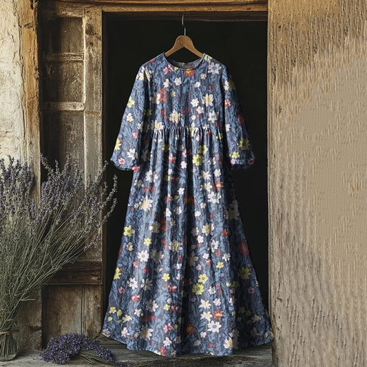 Floral Print Crew Neck Loose Midi Dress artswardrobe