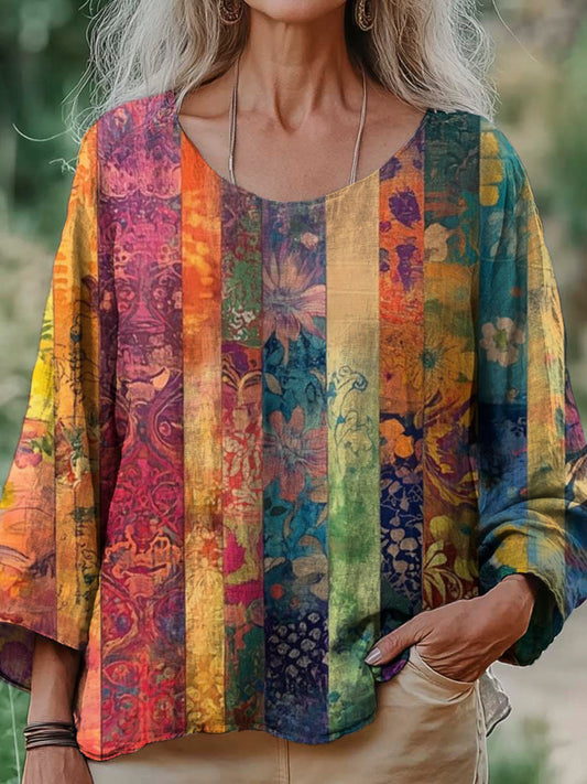 Bohemian Vintage Floral Print Women's Linen Shirt artswardrobe